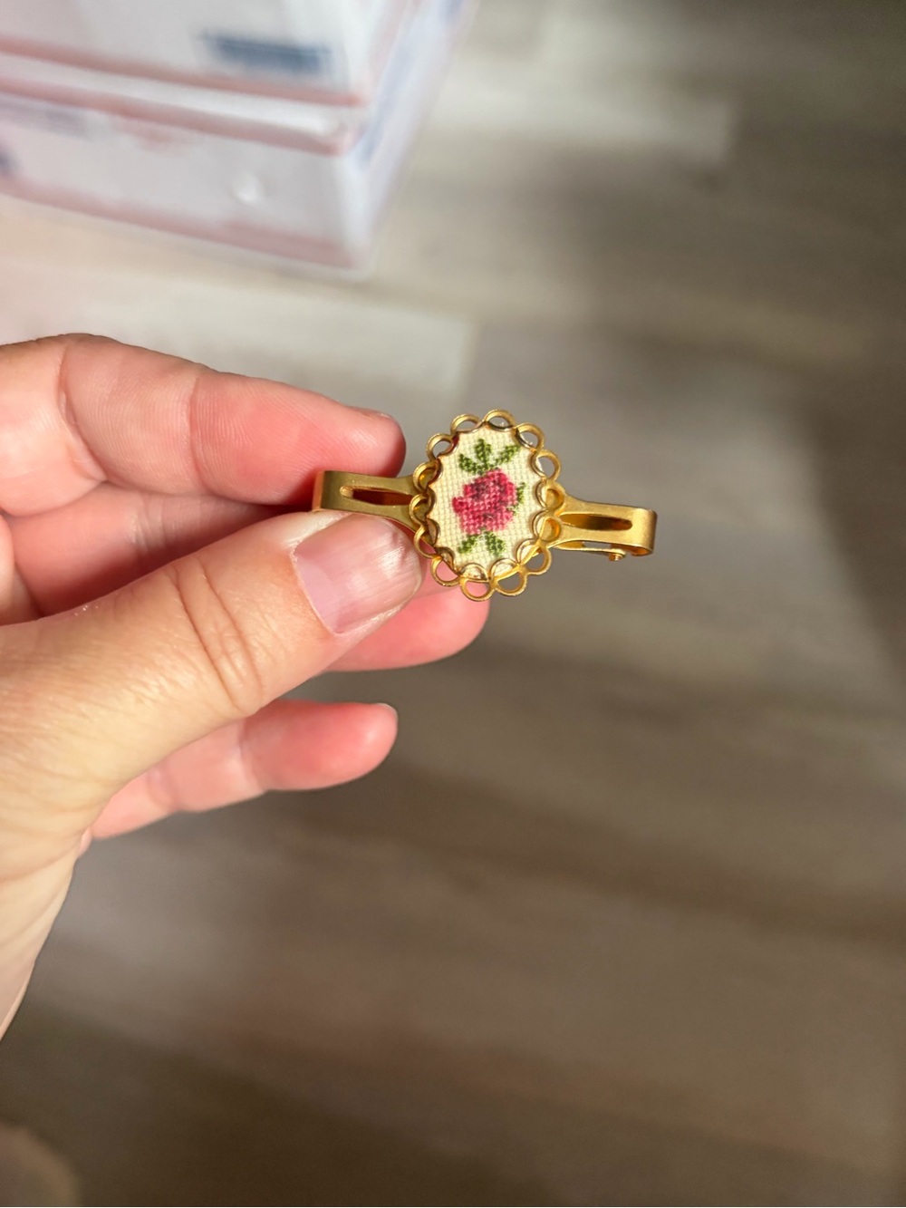 4/$100 Embroidery Gold-Tone Floral Needlepoint Brooch - Pink Rose